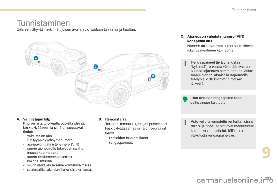 PEUGEOT 4008 2017 Omistajan Käsikirja (in Finnish) 233
4008_fi_Chap09_caracteristiques-techniques_ed01-2016
TunnistaminenErilaiset näkyvät merkinnät, joiden avulla auto voidaan tunnistaa ja huoltaa.
A.
V
almistajan kilpi
K
ilpi on niitattu oik PEUGEOT 4008 2017 Omistajan Käsikirja (in Finnish) 233
4008_fi_Chap09_caracteristiques-techniques_ed01-2016
TunnistaminenErilaiset näkyvät merkinnät, joiden avulla auto voidaan tunnistaa ja huoltaa.
A.
V
almistajan kilpi
K
ilpi on niitattu oik