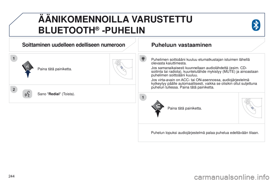 PEUGEOT 4008 2017 Omistajan Käsikirja (in Finnish) 244
4008_fi_Chap10a_Mitsu3_ed01-2016
ÄÄNIKOMENNOILLA VARUSTETTU
B LUETOOTH
® -PUHELIN
Puhelimen soittoääni kuuluu etumatkustajan istuimen lähellä \
olevasta kaiuttimesta.
Jos
samanaikaise PEUGEOT 4008 2017 Omistajan Käsikirja (in Finnish) 244
4008_fi_Chap10a_Mitsu3_ed01-2016
ÄÄNIKOMENNOILLA VARUSTETTU
B LUETOOTH
® -PUHELIN
Puhelimen soittoääni kuuluu etumatkustajan istuimen lähellä \
olevasta kaiuttimesta.
Jos
samanaikaise