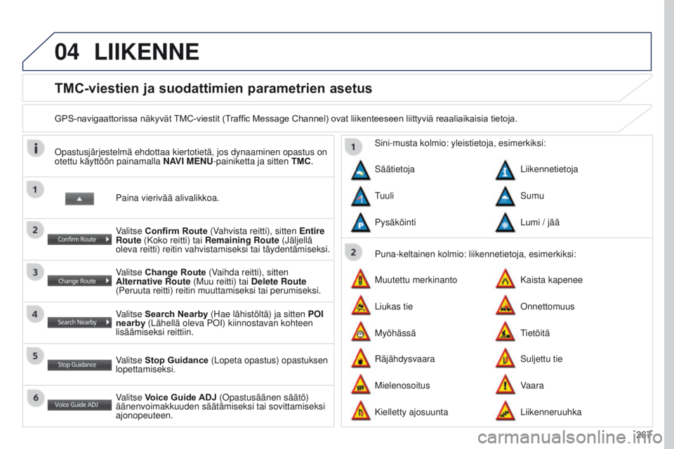 PEUGEOT 4008 2017 Omistajan Käsikirja (in Finnish) 04
267
4008_FI_CHAP10B_MITSU6_ED01-2016
TMC-viestien ja suodattimien parametrien asetus
GPS-navigaattorissa näkyvät TMC-viestit (Traffic Message Channel) ovat liikenteeseen liittyviä r PEUGEOT 4008 2017 Omistajan Käsikirja (in Finnish) 04
267
4008_FI_CHAP10B_MITSU6_ED01-2016
TMC-viestien ja suodattimien parametrien asetus
GPS-navigaattorissa näkyvät TMC-viestit (Traffic Message Channel) ovat liikenteeseen liittyviä r