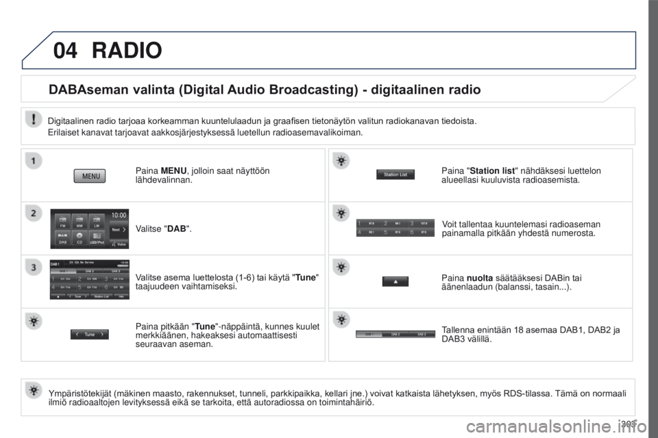 PEUGEOT 4008 2017 Omistajan Käsikirja (in Finnish) 04
303
4008_fi_Chap10c_Mitsu5_ed01-2016
RADIO
DABAseman valinta (Digital Audio Broadcasting) - digitaalinen radio
Ympäristötekijät (mäkinen maasto, rakennukset, tunneli, parkkipaikka, kellari jne. PEUGEOT 4008 2017 Omistajan Käsikirja (in Finnish) 04
303
4008_fi_Chap10c_Mitsu5_ed01-2016
RADIO
DABAseman valinta (Digital Audio Broadcasting) - digitaalinen radio
Ympäristötekijät (mäkinen maasto, rakennukset, tunneli, parkkipaikka, kellari jne.