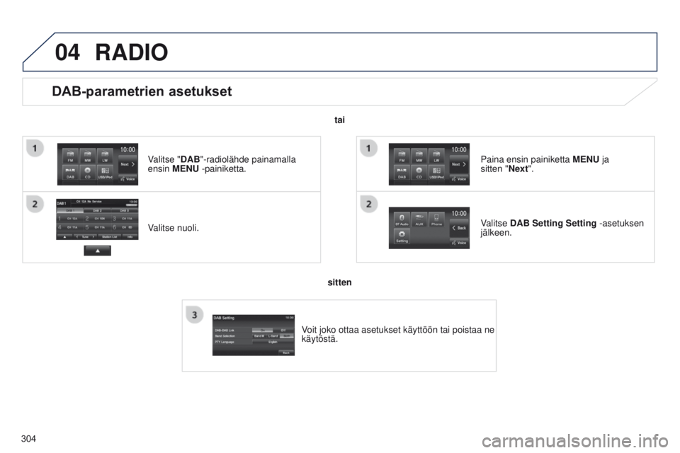 PEUGEOT 4008 2017 Omistajan Käsikirja (in Finnish) 04
304
DAB-parametrien asetukset
Valitse nuoli. Valitse "DAB"-radiolähde painamalla
ensin MENU -painiketta.Valitse DAB Setting Setting -asetuksen
jälkeen. Paina ensin painiketta MENU ja
s PEUGEOT 4008 2017 Omistajan Käsikirja (in Finnish) 04
304
DAB-parametrien asetukset
Valitse nuoli. Valitse "DAB"-radiolähde painamalla
ensin MENU -painiketta.Valitse DAB Setting Setting -asetuksen
jälkeen. Paina ensin painiketta MENU ja
s
