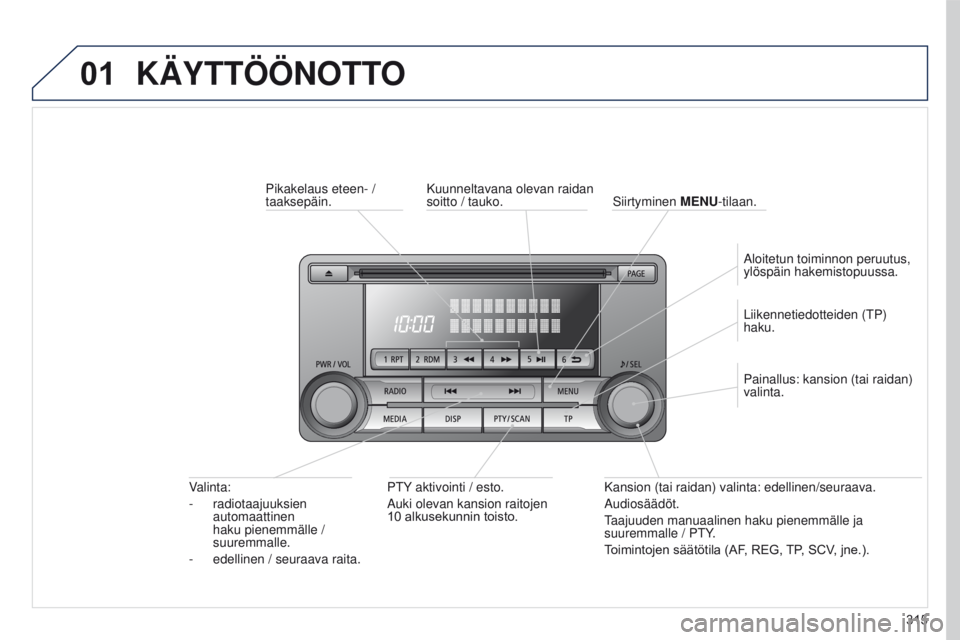 PEUGEOT 4008 2017 Omistajan Käsikirja (in Finnish) 01
315
4008_fi_Chap10d_Mitsu4_ed01-2016
KÄYTTÖÖNOTTO
Pikakelaus eteen- /
taaksepäin.PTY aktivointi / esto.
Auki olevan kansion raitojen
10
alkusekunnin toisto.
Valinta:
-
radiotaajuuksien PEUGEOT 4008 2017 Omistajan Käsikirja (in Finnish) 01
315
4008_fi_Chap10d_Mitsu4_ed01-2016
KÄYTTÖÖNOTTO
Pikakelaus eteen- /
taaksepäin.PTY aktivointi / esto.
Auki olevan kansion raitojen
10
alkusekunnin toisto.
Valinta:
-
radiotaajuuksien