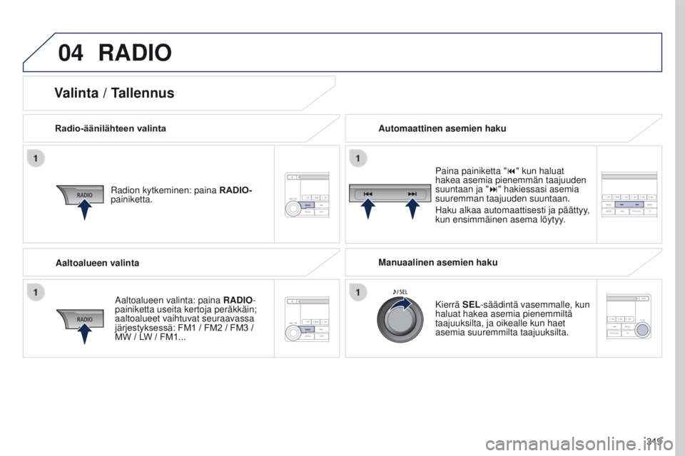 PEUGEOT 4008 2017 Omistajan Käsikirja (in Finnish) 04
319
4008_fi_Chap10d_Mitsu4_ed01-2016
RADIO
Radio-äänilähteen valintaRadion kytkeminen: paina RADIO-
painiketta.
Aaltoalueen valinta: paina RADIO-
painiketta useita kertoja peräkkäin;
aaltoa PEUGEOT 4008 2017 Omistajan Käsikirja (in Finnish) 04
319
4008_fi_Chap10d_Mitsu4_ed01-2016
RADIO
Radio-äänilähteen valintaRadion kytkeminen: paina RADIO-
painiketta.
Aaltoalueen valinta: paina RADIO-
painiketta useita kertoja peräkkäin;
aaltoa