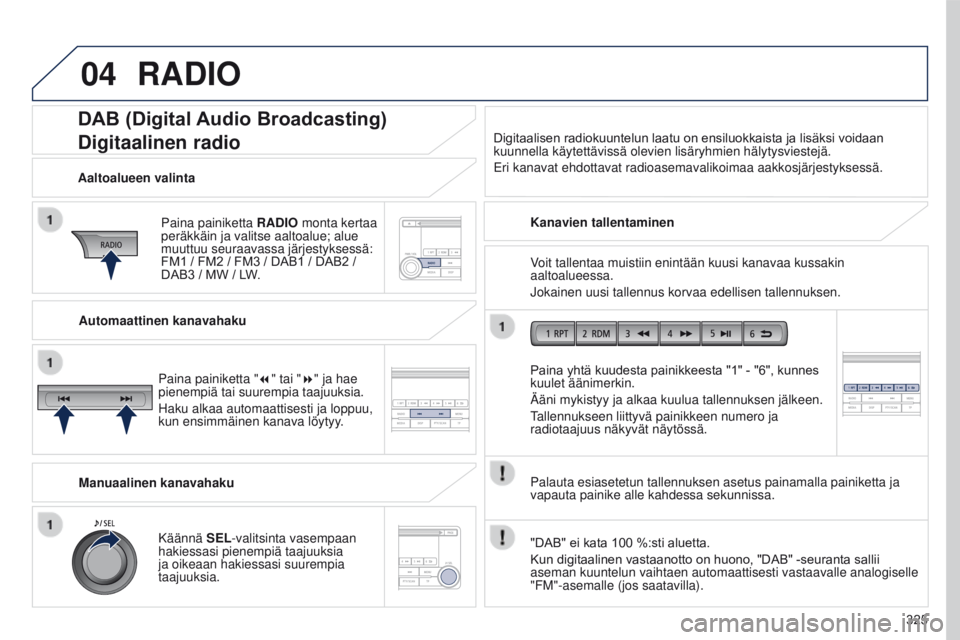 PEUGEOT 4008 2017 Omistajan Käsikirja (in Finnish) 04
325
4008_fi_Chap10d_Mitsu4_ed01-2016
DAB (Digital Audio Broadcasting)
Digitaalinen radio
Paina painiketta RADIO monta kertaa
peräkkäin ja valitse aaltoalue; alue
muuttuu seuraavassa järjestyks PEUGEOT 4008 2017 Omistajan Käsikirja (in Finnish) 04
325
4008_fi_Chap10d_Mitsu4_ed01-2016
DAB (Digital Audio Broadcasting)
Digitaalinen radio
Paina painiketta RADIO monta kertaa
peräkkäin ja valitse aaltoalue; alue
muuttuu seuraavassa järjestyks