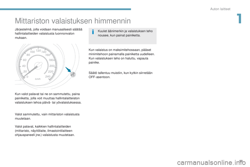 PEUGEOT 4008 2017 Omistajan Käsikirja (in Finnish) 51
4008_fi_Chap01_Instruments-de-bord_ed01-2016
Mittariston valaistuksen himmennin
Järjestelmä, jolla voidaan manuaalisesti säätää
hallintalaitteiden valaistusta luonnonvalon
mukaan.Kuulet äà PEUGEOT 4008 2017 Omistajan Käsikirja (in Finnish) 51
4008_fi_Chap01_Instruments-de-bord_ed01-2016
Mittariston valaistuksen himmennin
Järjestelmä, jolla voidaan manuaalisesti säätää
hallintalaitteiden valaistusta luonnonvalon
mukaan.Kuulet äÃ