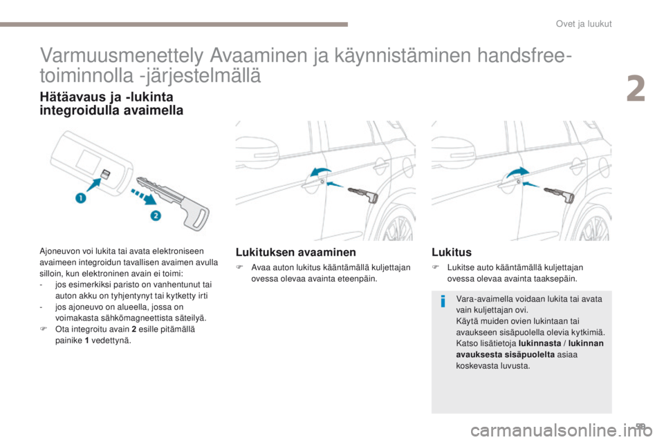 PEUGEOT 4008 2017 Omistajan Käsikirja (in Finnish) 59
4008_fi_Chap02_ouvertures_ed01-2016
Varmuusmenettely Avaaminen ja käynnistäminen handsfree-
toiminnolla -järjestelmällä
Lukituksen avaaminen
F Avaa auton lukitus kääntämällä kuljettajan o PEUGEOT 4008 2017 Omistajan Käsikirja (in Finnish) 59
4008_fi_Chap02_ouvertures_ed01-2016
Varmuusmenettely Avaaminen ja käynnistäminen handsfree-
toiminnolla -järjestelmällä
Lukituksen avaaminen
F Avaa auton lukitus kääntämällä kuljettajan o