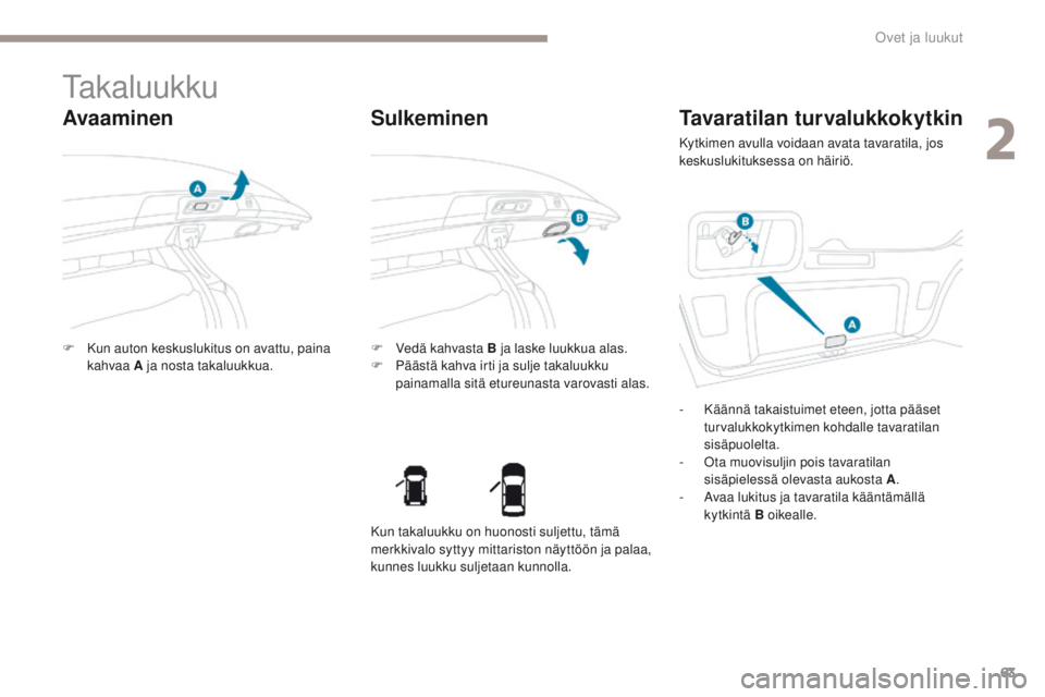 PEUGEOT 4008 2017 Omistajan Käsikirja (in Finnish) 63
4008_fi_Chap02_ouvertures_ed01-2016
Takaluukku
Avaaminen
F Kun auton keskuslukitus on avattu, paina kahvaa A ja nosta takaluukkua. F
V edä kahvasta B ja laske luukkua alas.
F P äästä kahva ir PEUGEOT 4008 2017 Omistajan Käsikirja (in Finnish) 63
4008_fi_Chap02_ouvertures_ed01-2016
Takaluukku
Avaaminen
F Kun auton keskuslukitus on avattu, paina kahvaa A ja nosta takaluukkua. F
V edä kahvasta B ja laske luukkua alas.
F P äästä kahva ir