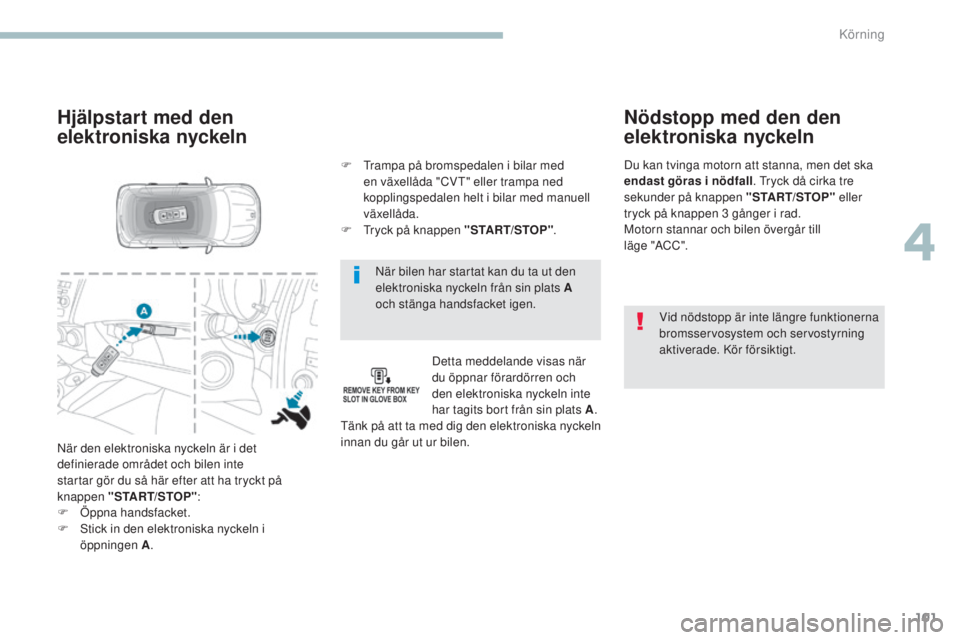 PEUGEOT 4008 2017  Bruksanvisningar (in Swedish) 101
4008_sv_Chap04_conduite_ed01-2016
När bilen har startat kan du ta ut den 
elektroniska nyckeln från sin plats A 
och stänga handsfacket igen.
Hjälpstart med den 
elektroniska nyckeln
Detta med