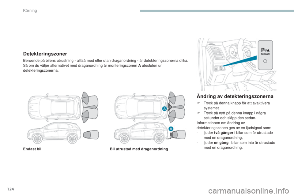 PEUGEOT 4008 2017  Bruksanvisningar (in Swedish) 124
4008_sv_Chap04_conduite_ed01-2016
Endast bilBil utrustad med draganordning
Ändring av detekteringszonerna
F  tryck på denna knapp för att avaktivera 
systemet.
F
  t
r
 yck på nytt på denna k
