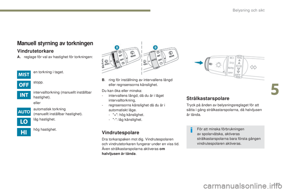 PEUGEOT 4008 2017 Bruksanvisningar (in Swedish) 135
4008_sv_Chap05_Eclairage-et-visibilite_ed01-2016
Manuell styrning av torkningen
Vindrutetorkare
B. ring för inställning av intervallens längd
eller regnsensorns känslighet.
Vindrutespolare
Dr PEUGEOT 4008 2017 Bruksanvisningar (in Swedish) 135
4008_sv_Chap05_Eclairage-et-visibilite_ed01-2016
Manuell styrning av torkningen
Vindrutetorkare
B. ring för inställning av intervallens längd
eller regnsensorns känslighet.
Vindrutespolare
Dr
