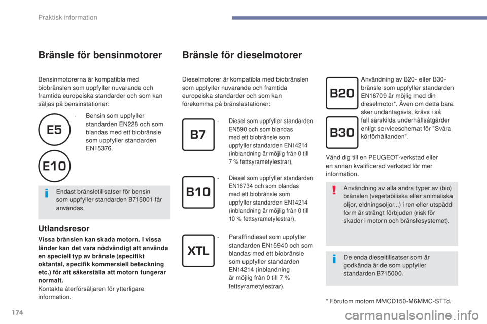 PEUGEOT 4008 2017 Bruksanvisningar (in Swedish) 174
4008_sv_Chap07_info-pratiques_ed01-2016
Bränsle för bensinmotorer
Bensinmotorerna är kompatibla med
biobränslen som uppfyller nuvarande och
framtida europeiska standarder och som kan
sälja PEUGEOT 4008 2017 Bruksanvisningar (in Swedish) 174
4008_sv_Chap07_info-pratiques_ed01-2016
Bränsle för bensinmotorer
Bensinmotorerna är kompatibla med
biobränslen som uppfyller nuvarande och
framtida europeiska standarder och som kan
sälja