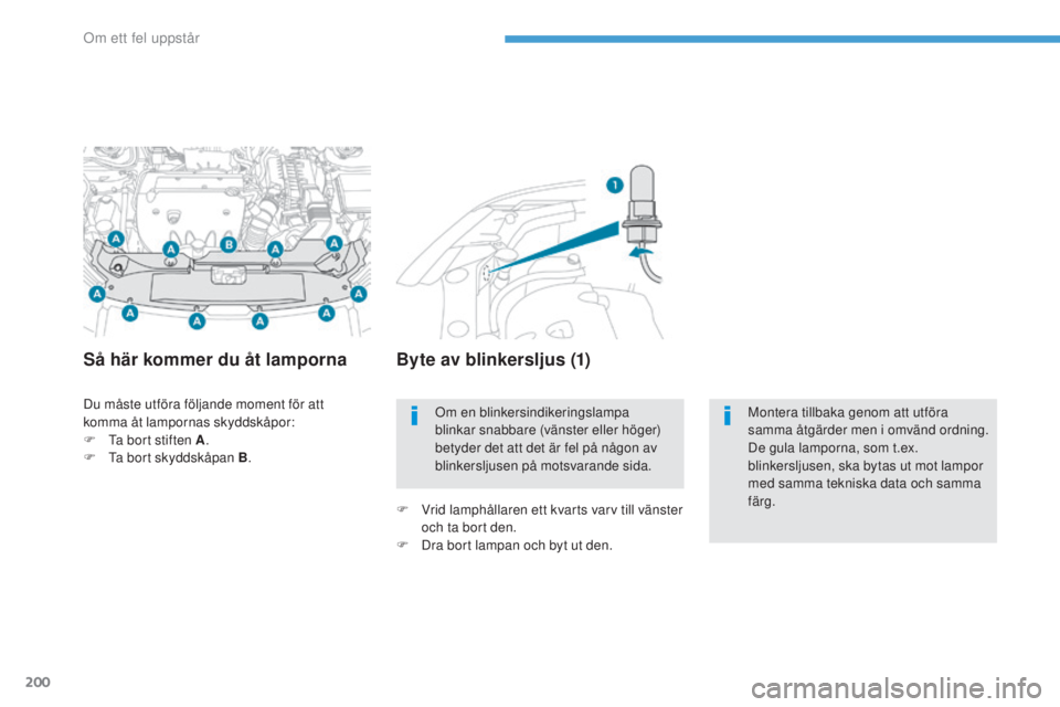 PEUGEOT 4008 2017  Bruksanvisningar (in Swedish) 200
4008_sv_Chap08_en-cas-de panne_ed01-2016
Du måste utföra följande moment för att 
komma åt lampornas skyddskåpor:
F
  t
a b
 ort stiften A .
F
  t
a
  bort skyddskåpan B .
Så här kommer d
