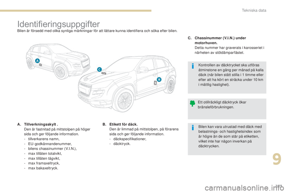 PEUGEOT 4008 2017  Bruksanvisningar (in Swedish) 233
4008_sv_Chap09_caracteristiques-techniques_ed01-2016
IdentifieringsuppgifterBilen är försedd med olika synliga märkningar för att lättare kunna identifiera och söka efter bilen.
A.
 T
illver