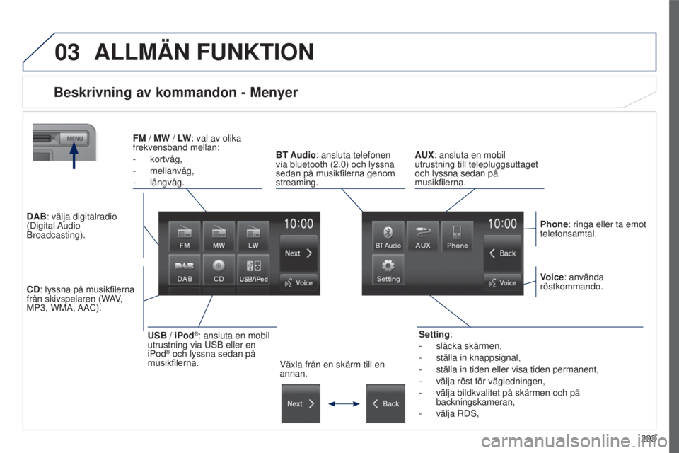PEUGEOT 4008 2017  Bruksanvisningar (in Swedish) 03
293
4008_sv_Chap10c_Mitsu5_ed01-2016
ALLMÄN FUNKTION
Beskrivning av kommandon - Menyer
Setting:
- 
släcka skärmen,
-

 
ställa in knappsignal,
-

 
ställa in tiden eller visa tiden permanent,
