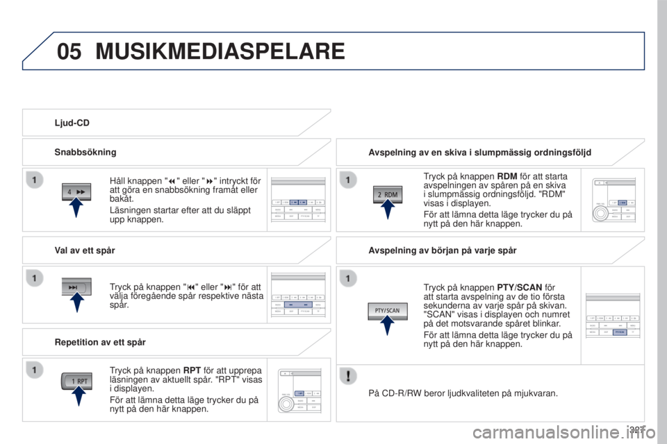 PEUGEOT 4008 2017 Bruksanvisningar (in Swedish) 05
327
4008_sv_Chap10d_Mitsu4_ed01-2016
MUSIKMEDIASPELARE
Avspelning av en skiva i slumpmässig ordningsföljd
tryck på knappen RDM
för att starta
avspelningen av spåren på en skiva
i slumpmä PEUGEOT 4008 2017 Bruksanvisningar (in Swedish) 05
327
4008_sv_Chap10d_Mitsu4_ed01-2016
MUSIKMEDIASPELARE
Avspelning av en skiva i slumpmässig ordningsföljd
tryck på knappen RDM
för att starta
avspelningen av spåren på en skiva
i slumpmä