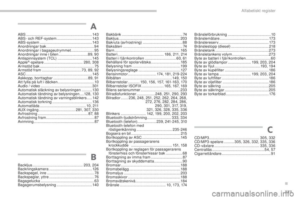 PEUGEOT 4008 2017  Bruksanvisningar (in Swedish) 337
4008_sv_Chap11_index-alpha_ed01-2016
ABs ............................................................... 143
ABs- o ch ReF -system  ..................................14
3
AB
s-

system
 
 ........