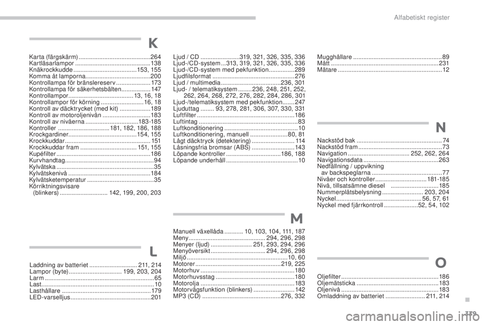 PEUGEOT 4008 2017 Bruksanvisningar (in Swedish) 339
4008_sv_Chap11_index-alpha_ed01-2016
Karta (färgskärm) .......................................... 264
Kartläsarlampor ............................................ 13 8
Knäkrockkudde
...... PEUGEOT 4008 2017 Bruksanvisningar (in Swedish) 339
4008_sv_Chap11_index-alpha_ed01-2016
Karta (färgskärm) .......................................... 264
Kartläsarlampor ............................................ 13 8
Knäkrockkudde
......