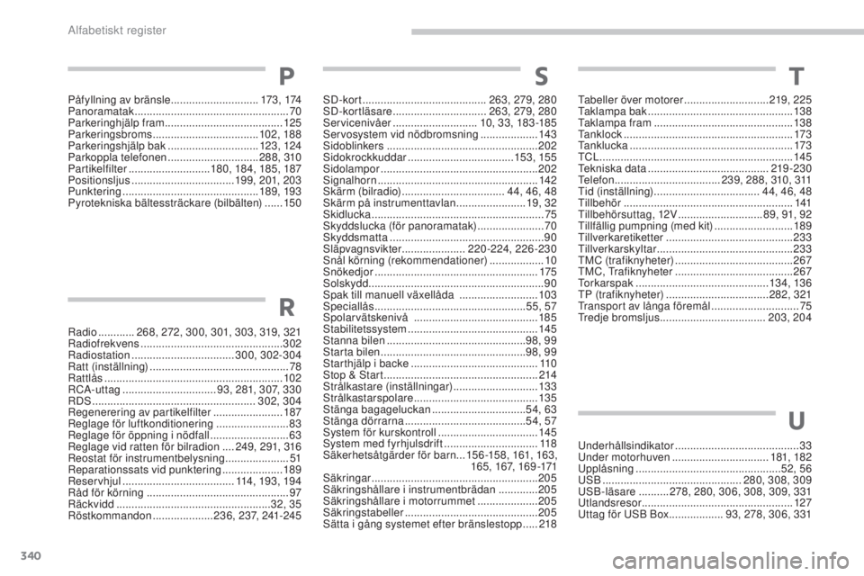 PEUGEOT 4008 2017  Bruksanvisningar (in Swedish) 340
4008_sv_Chap11_index-alpha_ed01-2016
sD-kor t ......................................... 263, 279, 280sD
-kortläsare  ............................... 263, 279, 280
ser

vicenivåer
 
 ............
