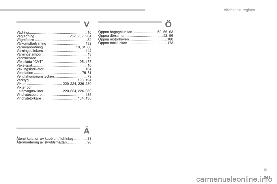 PEUGEOT 4008 2017  Bruksanvisningar (in Swedish) 341
4008_sv_Chap11_index-alpha_ed01-2016
Vädring ............................................................ 10
Vägledning ............................... ....252, 262, 264
Vägmätare 
  .........