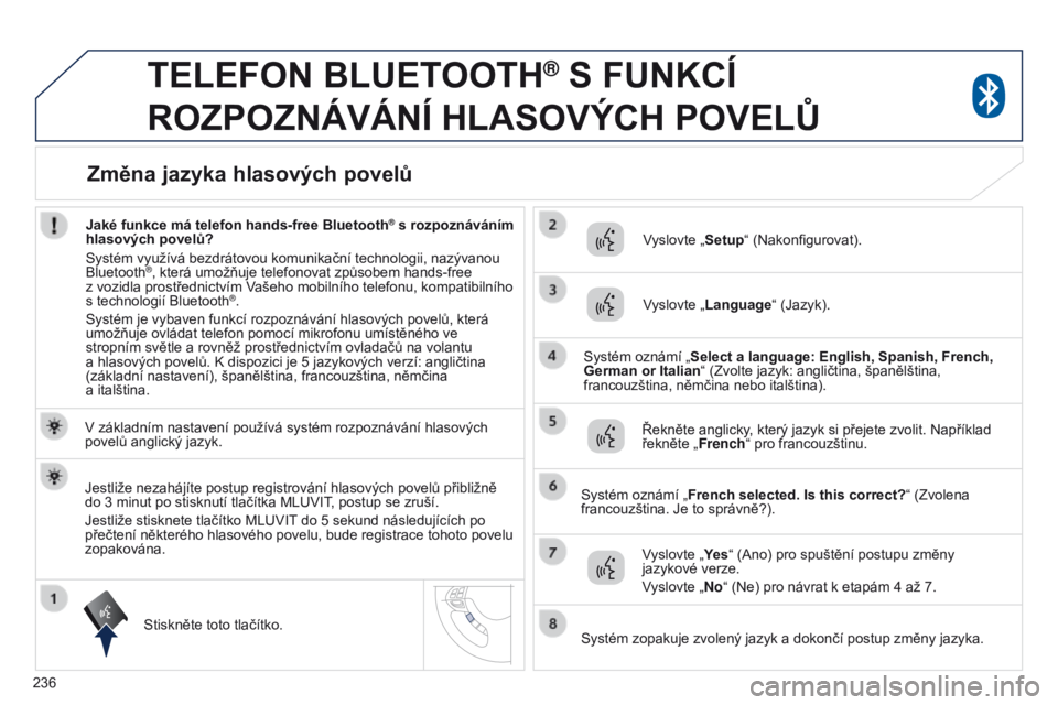 PEUGEOT 4008 2017 Návod na použití (in Czech) 236
4008_cs_Chap10a_Mitsu3_ed01-2016
TELEFON BLUETOOTH® S FUNKCÍ
ROZPOZNÁVÁNÍ
HLASOVÝCH POVEL ů
V základním nastavení používá systém rozpoznávání hlasových
povelů anglický j PEUGEOT 4008 2017 Návod na použití (in Czech) 236
4008_cs_Chap10a_Mitsu3_ed01-2016
TELEFON BLUETOOTH® S FUNKCÍ
ROZPOZNÁVÁNÍ
HLASOVÝCH POVEL ů
V základním nastavení používá systém rozpoznávání hlasových
povelů anglický j