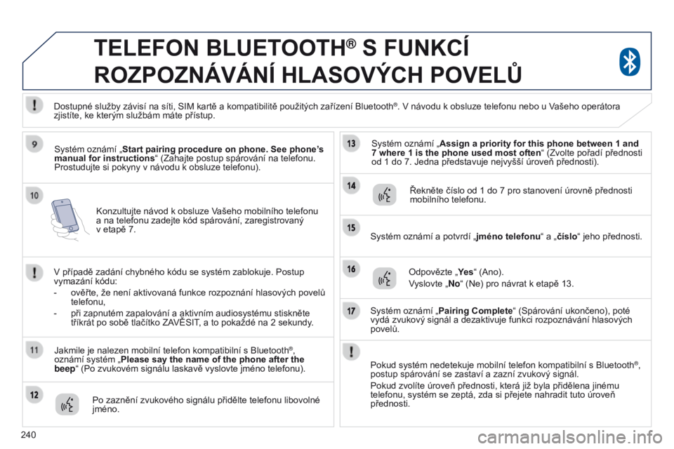 PEUGEOT 4008 2017  Návod na použití (in Czech) 240
4008_cs_Chap10a_Mitsu3_ed01-2016
Konzultujte návod k obsluze Vašeho mobilního telefonu 
a   na telefonu zadejte kód spárování, zaregistrovaný 
v
  etapě 7.
TELEFON BLUETOOTH® S FUNKCÍ 
