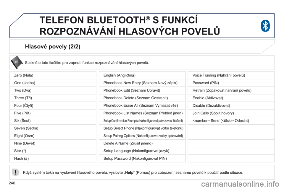 PEUGEOT 4008 2017  Návod na použití (in Czech) 246
4008_cs_Chap10a_Mitsu3_ed01-2016
Hlasové povely (2/2)
Stiskněte toto tlačítko pro zapnutí funkce rozpoznávání hlasových povelů.
Když systém čeká na vyslovení hlasového povelu, vysl