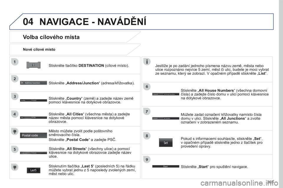 PEUGEOT 4008 2017 Návod na použití (in Czech) 04
265
4008_CS_CHAP10B_MITSU6_ED01-2016
Stiskněte tlačítko DESTINATION (cílové místo).
Nové cílové místo
Volba cílového místa
Stiskněte „Address/Junction“ (adresa/křižovatka).
Stis PEUGEOT 4008 2017 Návod na použití (in Czech) 04
265
4008_CS_CHAP10B_MITSU6_ED01-2016
Stiskněte tlačítko DESTINATION (cílové místo).
Nové cílové místo
Volba cílového místa
Stiskněte „Address/Junction“ (adresa/křižovatka).
Stis