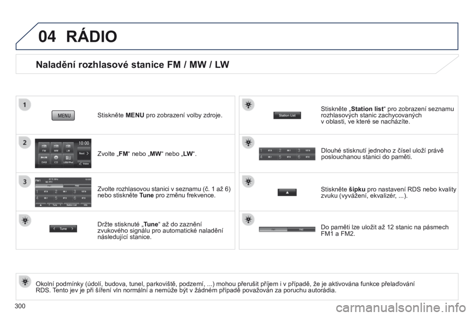 PEUGEOT 4008 2017 Návod na použití (in Czech) 04
300
Naladění rozhlasové stanice FM / MW / LW
Okolní podmínky (údolí, budova, tunel, parkoviště, podzemí, ...) mohou přerušit příjem i v případě, že je aktivována funkce přelaďo PEUGEOT 4008 2017 Návod na použití (in Czech) 04
300
Naladění rozhlasové stanice FM / MW / LW
Okolní podmínky (údolí, budova, tunel, parkoviště, podzemí, ...) mohou přerušit příjem i v případě, že je aktivována funkce přelaďo