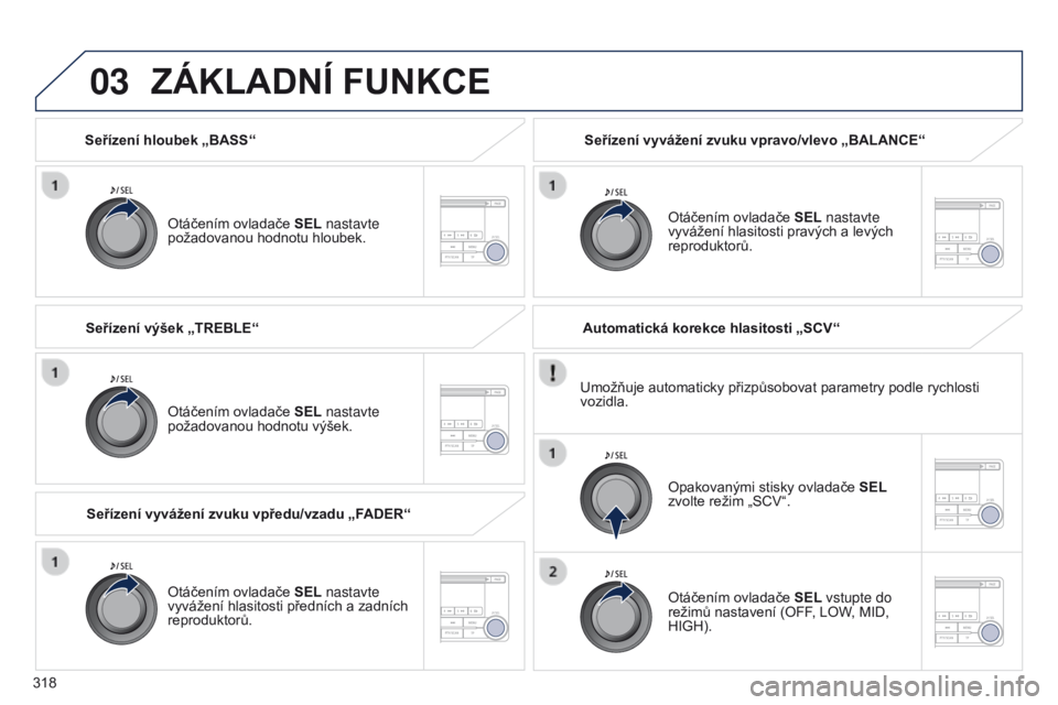 PEUGEOT 4008 2017  Návod na použití (in Czech) 03
318
4008_cs_Chap10d_Mitsu4_ed01-2016
Seřízení hloubek „BASS“Otáčením ovladače SEL nastavte 
požadovanou hodnotu hloubek.
ZÁKLADNÍ FUNKCE
Otáčením ovladače SEL nastavte 
požadovan