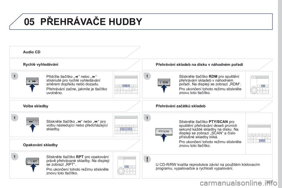 PEUGEOT 4008 2017 Návod na použití (in Czech) 05
327
4008_cs_Chap10d_Mitsu4_ed01-2016
PŘEHRÁVAČE HUDBY
Přehrávání skladeb na disku v náhodném pořadíStiskněte tlačítko RDM pro spuštění
přehrávání skladeb v náhodném
pořad PEUGEOT 4008 2017 Návod na použití (in Czech) 05
327
4008_cs_Chap10d_Mitsu4_ed01-2016
PŘEHRÁVAČE HUDBY
Přehrávání skladeb na disku v náhodném pořadíStiskněte tlačítko RDM pro spuštění
přehrávání skladeb v náhodném
pořad