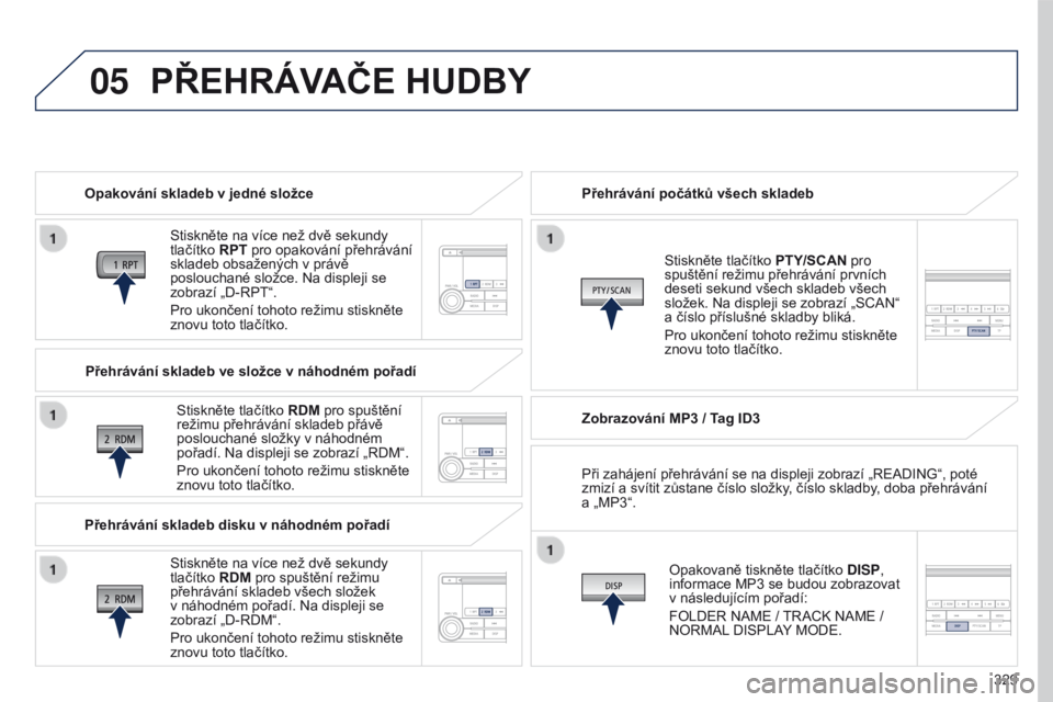 PEUGEOT 4008 2017 Návod na použití (in Czech) 05
329
4008_cs_Chap10d_Mitsu4_ed01-2016
PŘEHRÁVAČE HUDBY
Opakování skladeb v jedné složceStiskněte na více než dvě sekundy
tlačítko RPT pro opakování přehrávání
skladeb obsažený PEUGEOT 4008 2017 Návod na použití (in Czech) 05
329
4008_cs_Chap10d_Mitsu4_ed01-2016
PŘEHRÁVAČE HUDBY
Opakování skladeb v jedné složceStiskněte na více než dvě sekundy
tlačítko RPT pro opakování přehrávání
skladeb obsažený