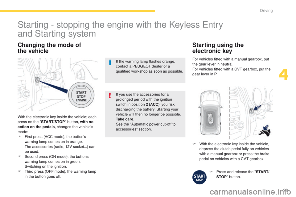 PEUGEOT 4008 2014.5  Owners Manual 99
Changing the mode of 
the  vehicle
With the electronic key inside the vehicle; each 
press on the " START/STOP " button, with no 
action on the pedals , changes the vehicle's 
mode:
F
 