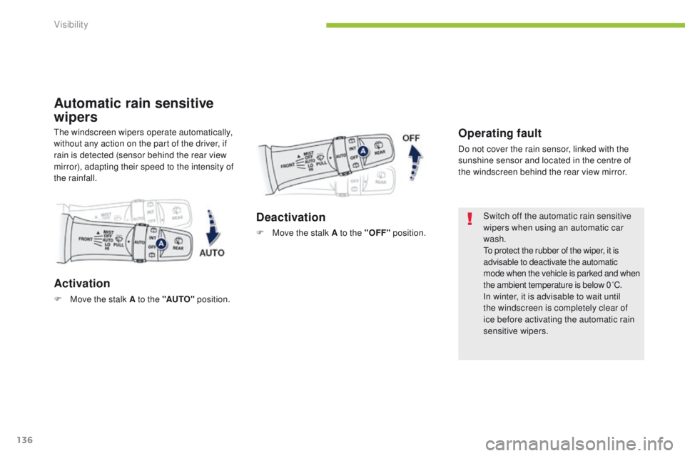 PEUGEOT 4008 2014.5 Owners Manual 136
Automatic rain sensitive
wipers
Operating fault
Do not cover the rain sensor, linked with the
sunshine sensor and located in the centre of
the windscreen behind the rear view mirror.
Activation PEUGEOT 4008 2014.5 Owners Manual 136
Automatic rain sensitive
wipers
Operating fault
Do not cover the rain sensor, linked with the
sunshine sensor and located in the centre of
the windscreen behind the rear view mirror.
Activation