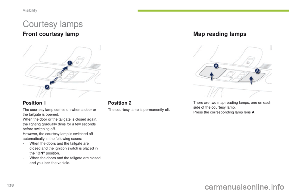 PEUGEOT 4008 2014.5 Owners Manual 138
Courtesy lamps
Front courtesy lamp
Position 1
the courtesy lamp comes on when a door or
the tailgate is opened.
When the door or the tailgate is closed again,
the lighting gradually dims for a f PEUGEOT 4008 2014.5 Owners Manual 138
Courtesy lamps
Front courtesy lamp
Position 1
the courtesy lamp comes on when a door or
the tailgate is opened.
When the door or the tailgate is closed again,
the lighting gradually dims for a f