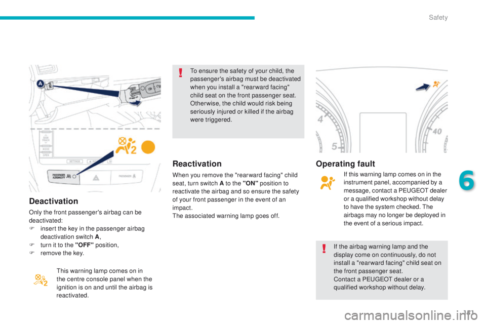 PEUGEOT 4008 2014.5  Owners Manual 151
Deactivation
Only the front passenger's airbag can be 
deactivated:
F 
i
 nsert the key in the passenger airbag 
deactivation switch A ,
F
 
t
 urn it to the "OFF"  position,
F
 
r
 em