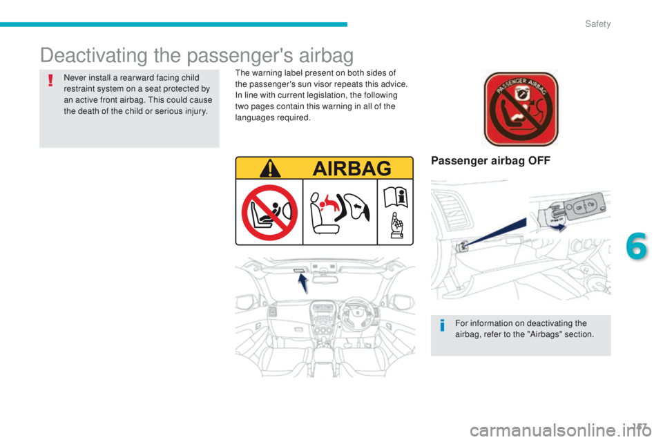 PEUGEOT 4008 2014.5  Owners Manual 157
Deactivating the passenger's airbag
Passenger airbag OFF
the warning label present on both sides of 
the passenger's sun visor repeats this advice. 
In line with current legislation, the f
