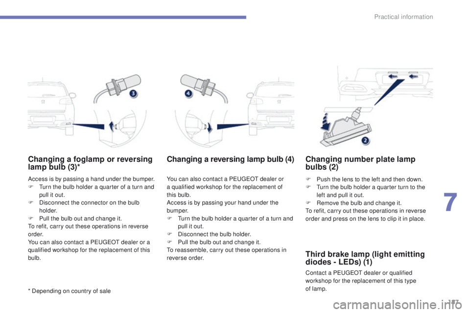 PEUGEOT 4008 2014.5 Owners Manual 187
Changing a foglamp or reversing
lamp bulb (3)*
Access is by passing a hand under the bumper.
F tu rn the bulb holder a quarter of a turn and
pull it out.
F
D
isconnect the connector on the b PEUGEOT 4008 2014.5 Owners Manual 187
Changing a foglamp or reversing
lamp bulb (3)*
Access is by passing a hand under the bumper.
F tu rn the bulb holder a quarter of a turn and
pull it out.
F
D
isconnect the connector on the b