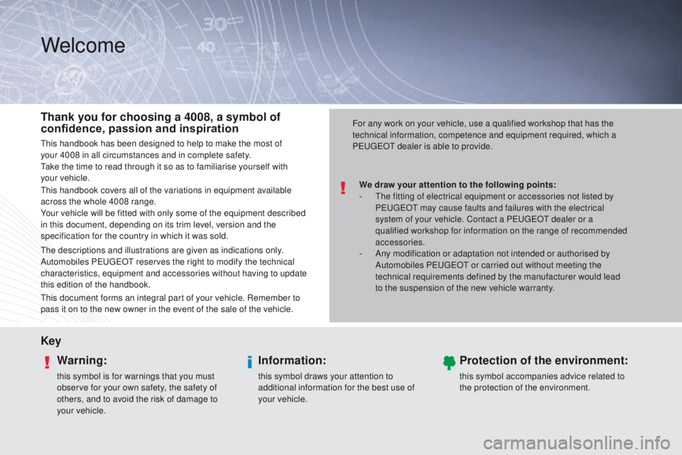 PEUGEOT 4008 2014.5 Owners Manual Welcome
We draw your attention to the following points:
- th e fitting of electrical equipment or accessories not listed by
P
e
uge
Ot
may cause faults and failures with the electrical
system of PEUGEOT 4008 2014.5 Owners Manual Welcome
We draw your attention to the following points:
- th e fitting of electrical equipment or accessories not listed by
P
e
uge
Ot
may cause faults and failures with the electrical
system of
