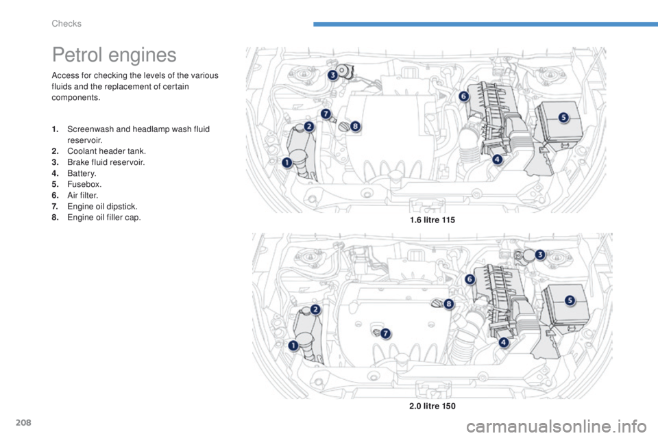 PEUGEOT 4008 2014.5 Owners Manual 208
Access for checking the levels of the various
fluids and the replacement of certain
components.
Petrol engines
1. Screenwash and headlamp wash fluid reservoir.
2.
C
oolant header tank.
3.
B
PEUGEOT 4008 2014.5 Owners Manual 208
Access for checking the levels of the various
fluids and the replacement of certain
components.
Petrol engines
1. Screenwash and headlamp wash fluid reservoir.
2.
C
oolant header tank.
3.
B