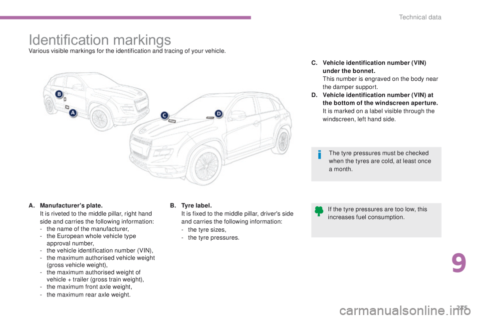 PEUGEOT 4008 2014.5 Owners Manual 235
Identification markingsVarious visible markings for the identification and tracing of your vehicle.
A.
M
anufacturer's plate.
I
t is riveted to the middle pillar, right hand
side and car PEUGEOT 4008 2014.5 Owners Manual 235
Identification markingsVarious visible markings for the identification and tracing of your vehicle.
A.
M
anufacturer's plate.
I
t is riveted to the middle pillar, right hand
side and car
