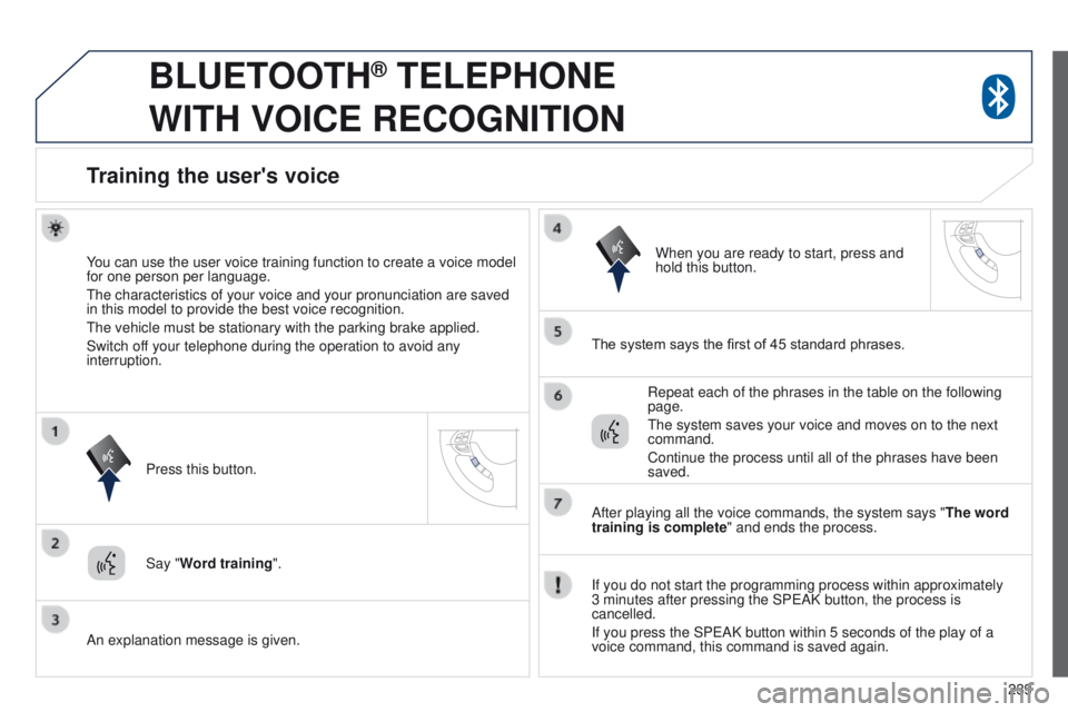 PEUGEOT 4008 2014.5  Owners Manual 239
BLUETOOTH® TELEPHONE  
WITH

 
VOICE
 
RECOGNITION
Training the user's voice
You can use the user voice training function to create a voice model 
for one person per language.
t

he character