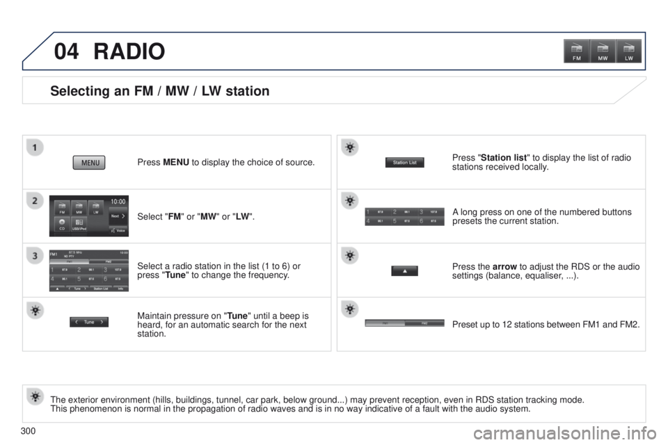 PEUGEOT 4008 2014.5 Owners Manual 04
300
Selecting an FM / MW / LW station
the exterior environment (hills, buildings, tunnel, car park, below grou\
nd...) may prevent reception, even in RDS station tracking mode. this phenomenon is n PEUGEOT 4008 2014.5 Owners Manual 04
300
Selecting an FM / MW / LW station
the exterior environment (hills, buildings, tunnel, car park, below grou\
nd...) may prevent reception, even in RDS station tracking mode. this phenomenon is n