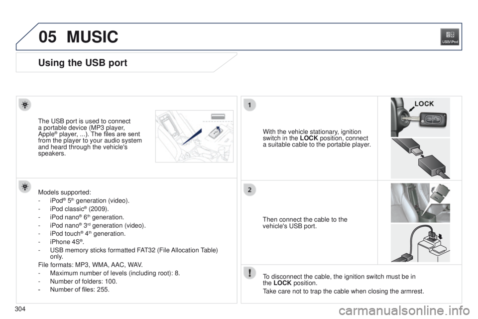 PEUGEOT 4008 2014.5 Owners Manual 05
304
MUSIC
Using the USB port
With the vehicle stationary, ignition
switch in the LOCK position, connect
a suitable cable to the portable player.
t
he
u
SB port is used to connect
a portable de PEUGEOT 4008 2014.5 Owners Manual 05
304
MUSIC
Using the USB port
With the vehicle stationary, ignition
switch in the LOCK position, connect
a suitable cable to the portable player.
t
he
u
SB port is used to connect
a portable de