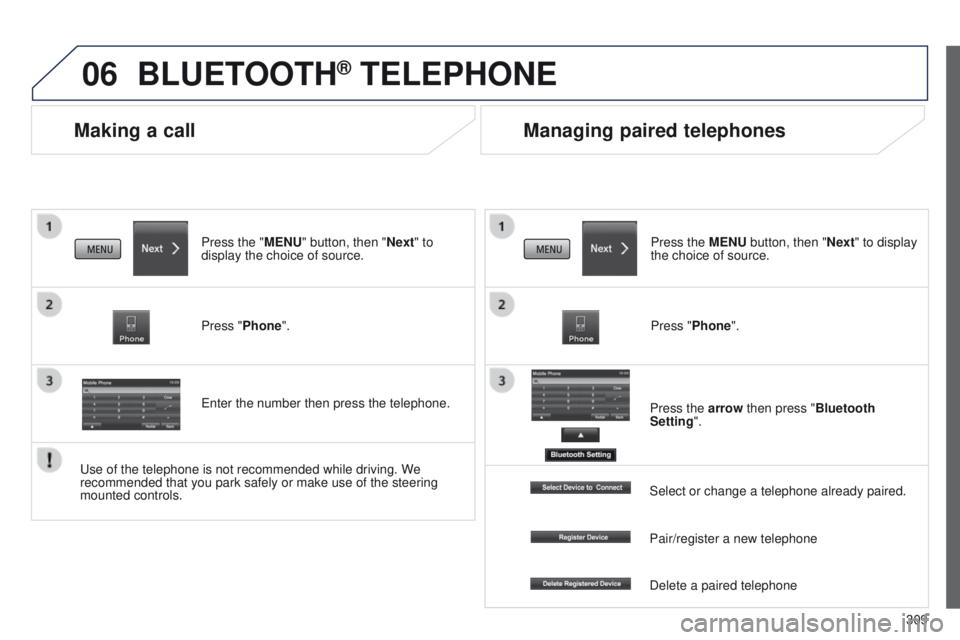 PEUGEOT 4008 2014.5  Owners Manual 06
309
Making a call
BLUETOOTH® TELEPHONE
Press the "MENU" button, then "Next" to 
display the choice of source.
Press "Phone".
e
nter the number then press the telephone.
Man