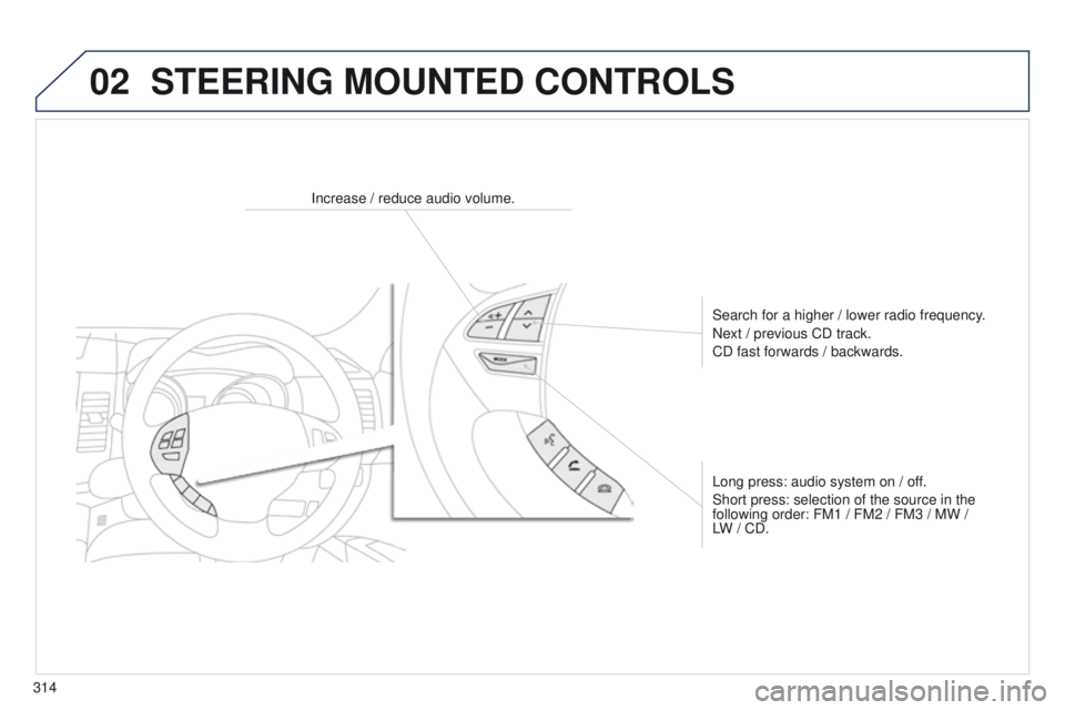 PEUGEOT 4008 2014.5  Owners Manual 02
314
STEERING MOUNTED CONTROLS
Increase / reduce audio volume.Search for a higher / lower radio frequency.
Next / previous CD track.
CD fast forwards / backwards.
Long press: audio system on / off.
