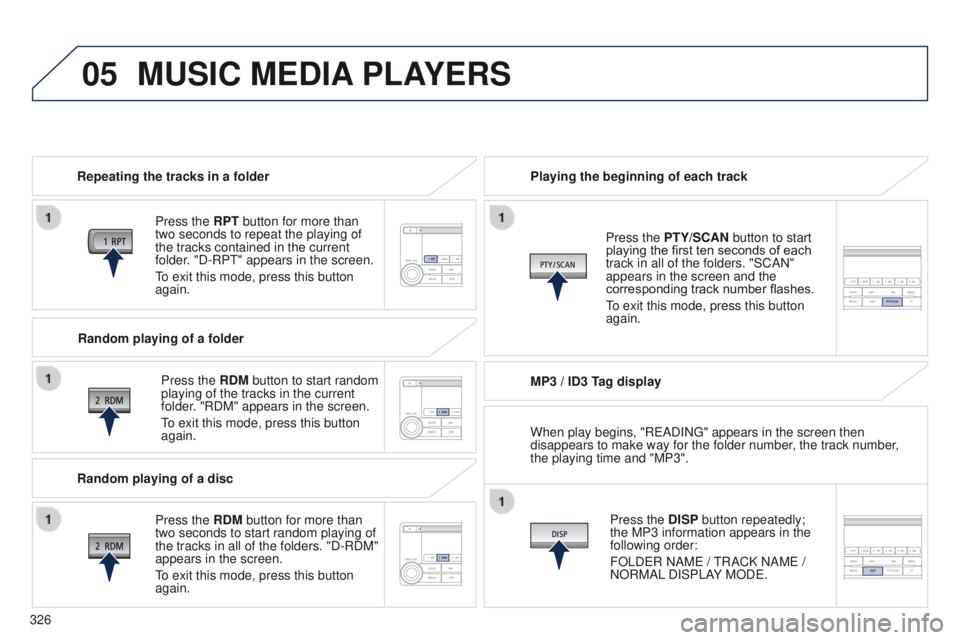 PEUGEOT 4008 2014.5 Owners Manual 05
326
MUSIC MEDIA PLAYERS
Repeating the tracks in a folder
Press the RPT button for more than
two seconds to repeat the playing of
the tracks contained in the current
folder. "D-RP
t " app PEUGEOT 4008 2014.5 Owners Manual 05
326
MUSIC MEDIA PLAYERS
Repeating the tracks in a folder
Press the RPT button for more than
two seconds to repeat the playing of
the tracks contained in the current
folder. "D-RP
t " app