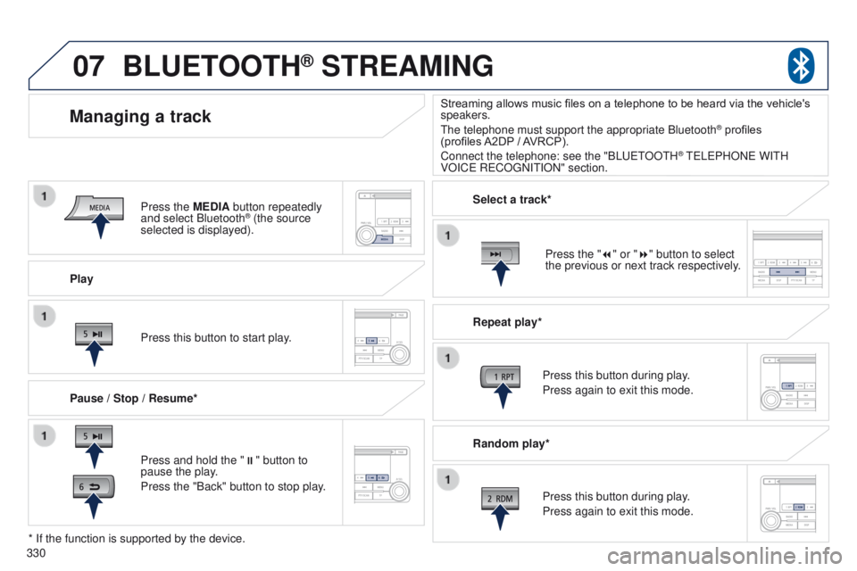 PEUGEOT 4008 2014.5 Owners Manual 07
330Play
Managing a track
Pause / Stop / Resume*
BLUETOOTH® STREAMING
Press and hold the "
;" button to
pause the play.
Press the "Back" button to stop play. Press this button to s PEUGEOT 4008 2014.5 Owners Manual 07
330Play
Managing a track
Pause / Stop / Resume*
BLUETOOTH® STREAMING
Press and hold the "
;" button to
pause the play.
Press the "Back" button to stop play. Press this button to s