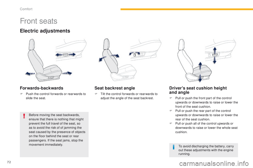 PEUGEOT 4008 2014.5 Manual PDF 72
Front seats
Electric adjustments
Forwards-backwards
F Push the control for wards or rear wards to slide the seat.
Seat backrest angle
F  tilt the control for wards or rear wards to adjust the angle