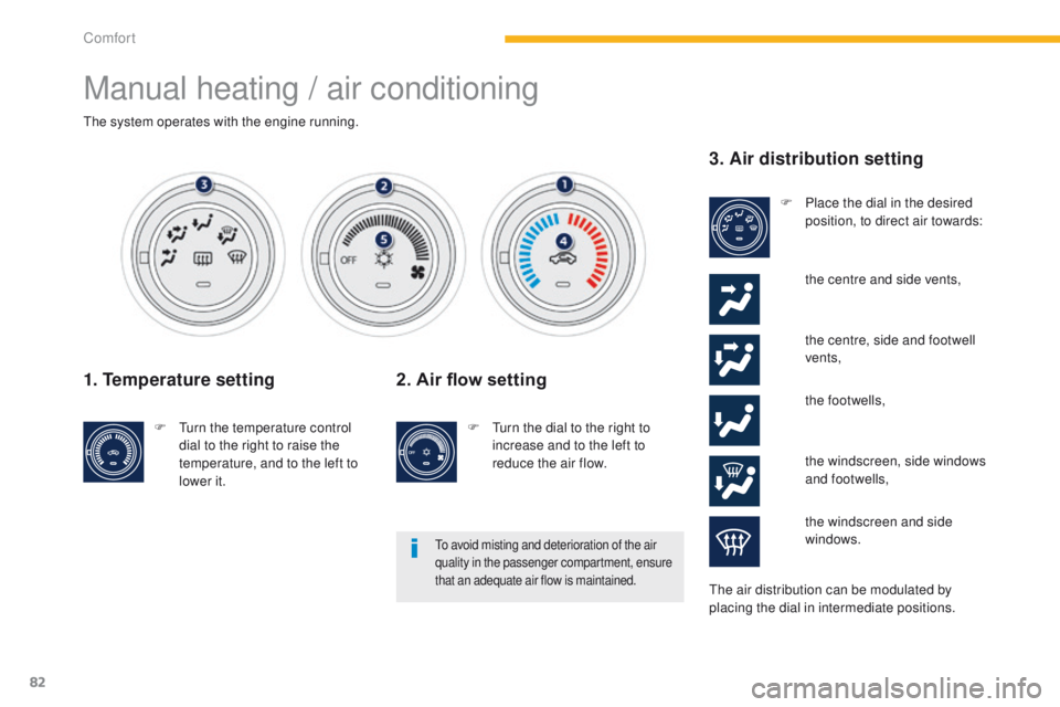 PEUGEOT 4008 2014.5 Manual Online 82
Manual heating / air conditioning
the system operates with the engine running.
1. Temperature setting
F  turn the temperature control dial to the right to raise the 
temperature, and to the left to