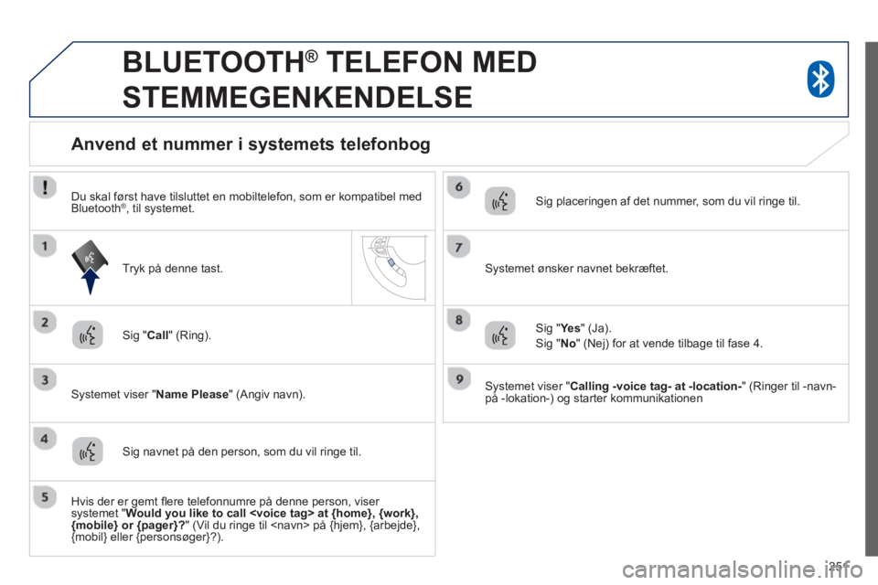 PEUGEOT 4008 2014  Brugsanvisning (in Danish) 251
   
 
 
 
BLUETOOTH ® 
 TELEFON MED 
STEMMEGENKENDELSE 
   
Sig " Call 
" (Ring).  
   
Systemet viser " Name Please 
" (Angiv navn).  
 
 
 
 
 
 
 
 
 
 
Anvend et nummer i systemets telefonbog